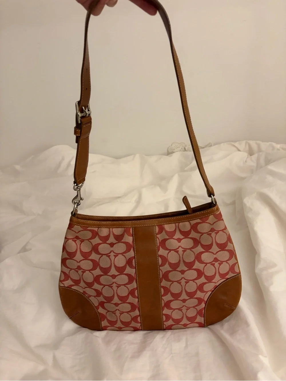 Coach Pink/Red Signature Canvas Shoulder Bag with Tan Leather Trim